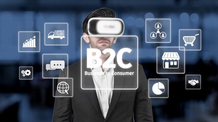 An engaging business to consumer concept showcasing virtual reality technology and various digital...