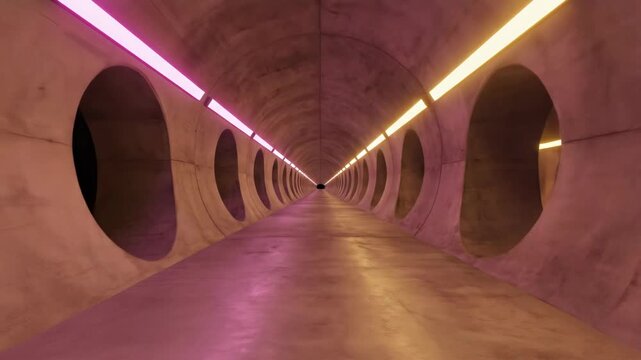 4k, A concrete tunnel illuminated with pink and yellow neon lights stretches into the distance with geometric precision, shot at eye-level conveying a futuristic mood.