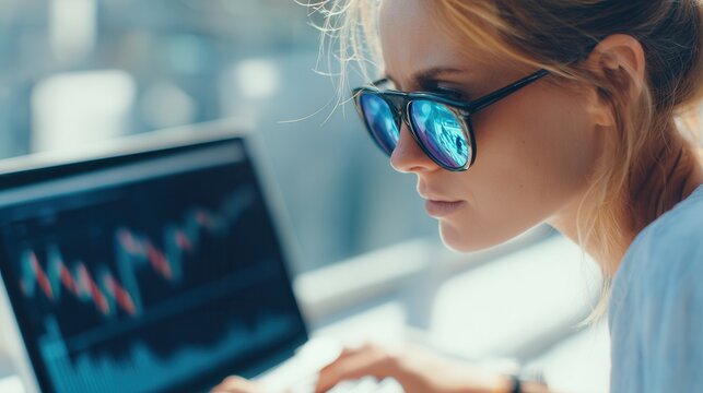 Focused woman analyzes stock market trends on laptop, wearing stylish sunglasses reflecting cityscape, ideal for finance, investment, and modern business themes