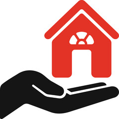 Red House Icon Resting on Black Open Palm Symbolizing Home Ownership Protection Security and Care on Transparent Background