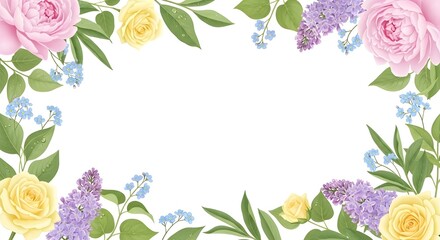 Floral Frame with Roses, Lilacs, and Forget-Me-Nots for Elegant Designs Background