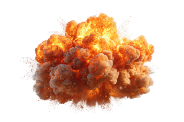 Fiery explosion cloud, orange, bright, billowing on black