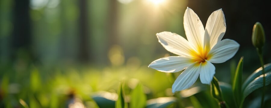 White flower blooms in sunlight on blurred green background. Spring nature view shows bloom close up. Photo presents flora beauty. Blossom and botany in summer garden.