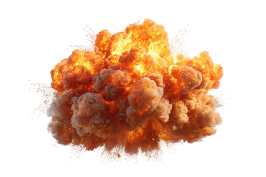 Fiery explosion cloud, orange, bright, billowing on black