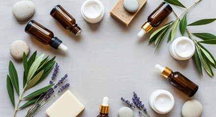 Obraz premium Natural beauty care composition with essential oil bottle, cream jar, soap bar. Home spa and aroma therapy. Skin product, flat lay concept blank space.
