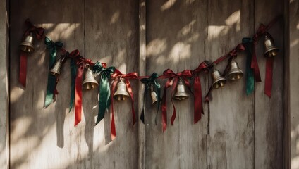 Rustic Christmas Bells Garland on Weathered Wooden Door.