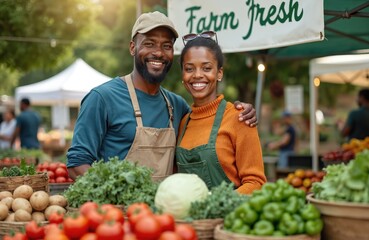 Happy couple sells organic produce at outdoor farmers market. Man and woman smile behind fresh vegetables and fruits displayed in crates. They offer healthy food selections.