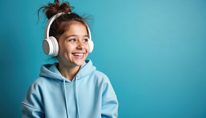 Fototapeta premium Smiling teen girl wears headphones. Young female with earphones listens music on blue background. Happy woman in hoodie enjoys audio. Joyful student listens playlist or song.
