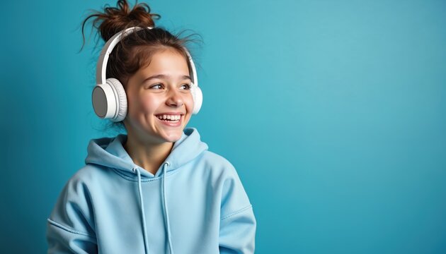 Smiling teen girl wears headphones. Young female with earphones listens music on blue background. Happy woman in hoodie enjoys audio. Joyful student listens playlist or song.