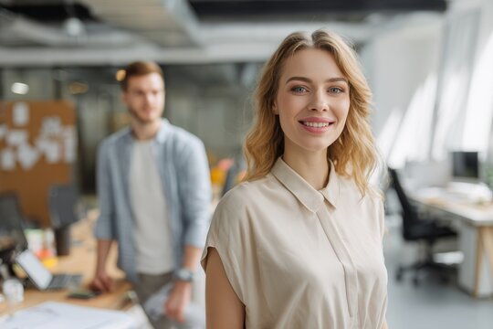 Confident young woman smiling in modern office setting, radiating success and professionalism, perfect for corporate communications and leadership roles