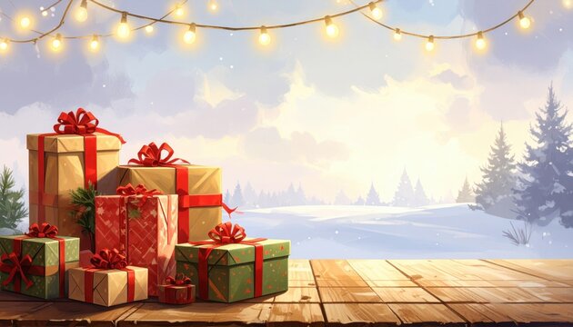 Colorful gift boxes with ribbons on a wooden table during winter sunset Generative AI