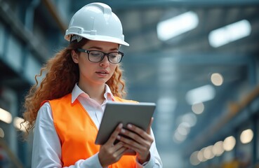 Woman engineer with curly hair wears hard hat and safety vest. She holds tablet computer, checks data in factory. Woman works with tech, inspects industrial machinery, manages production.