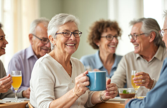 Elderly woman with eyeglasses smiles, holding blue mug. Enjoys time with senior friends laughing, talking, drinking. Group of happy older adults gathers at table during social event in community