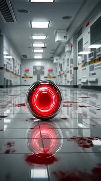 Glowing Red Sphere on Bloody Floor in Derelict Sci-Fi Corridor.