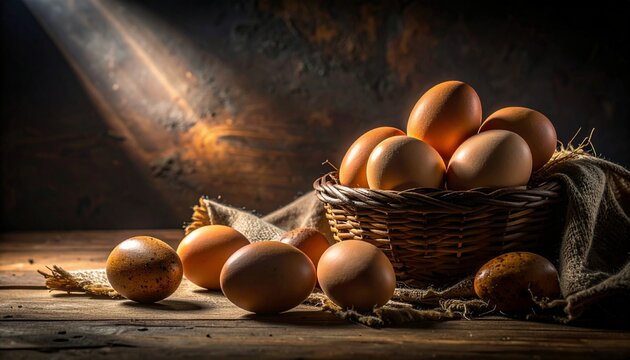 키아로스쿠로 조명 아래의 브라운 에그 정물 구성 Chiaroscuro Still Life of Brown Eggs in Basket