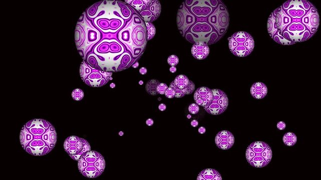 Floating spheres with purple patterned surfaces drifting through black space.