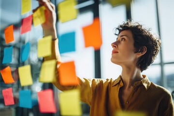 Creative businesswoman brainstorming ideas with colorful sticky notes on glass wall, planning project strategy for business growth in bright modern office