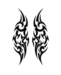 A pair of symmetrical black tribal tattoo designs features fluid, swirling curves and sharp, aggressive spikes that resemble stylized flames or abstract wings