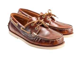 Leather deck shoes, brown, with laces, on a black backdrop