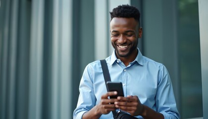Young man uses smartphone outdoors smiling while reviewing social media content. He appears engaged, happy connected to digital world. Scene suggests modern work lifestyle, networking opportunities.