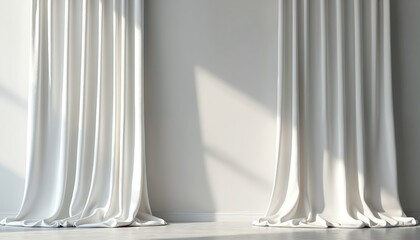 Elegant white curtains hang in straight lines. Front view of blank drapery on wall. Curtains made of smooth textile. Simple interior design with modern luxury fabric cover.
