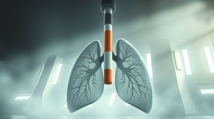 a symbolic scene of lungs formed around a cigarette showing dark branching patterns in a futuristic room filled with haze