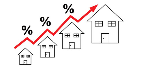 Vector illustration of a house icon with an upward percentage sign as a concept for property investment, business, house sale or purchase prices, interest rates, finance, graphs, rent, mortgages.