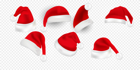 Fototapeta premium Big set of realistic Santa Hats isolated on transparent background.