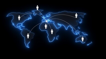 Glowing blue world map with dotted continents and white human icons connected by dashed lines globe earth 1