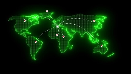 Glowing green digital world map with dotted continents and connecting lines between locations globe earth 2
