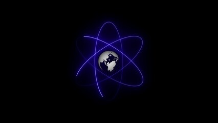 Gray planet earth with orbiting blue neon atom orbits on black background globe space