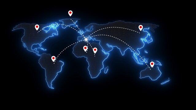 Glowing blue digital world map with red location pins and dotted lines connecting continents across globe