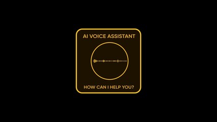 Yellow rounded square interface with A I voice assistant text and sound wave graphic on black background 2