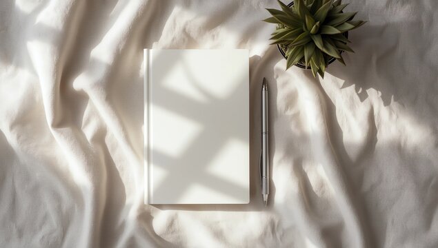 Clean minimal book 4x6 mockup on cloth with plant and pen background