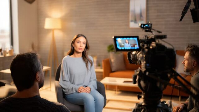 Woman being interviewed on camera in a modern, well-lit studio setting