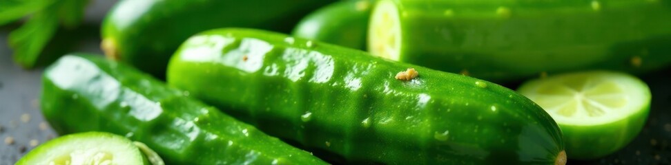 Crisp, juicy pickled cucumber, vibrant green, glistening brine , preserving, diet