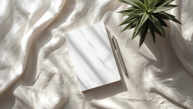 Clean minimal book 4x6 mockup on cloth with plant and pen background