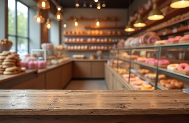 Wooden table in front of store filled with donuts. Store shelves, counters display various donuts. Glass cases show pink, brown donuts. Wooden shelves with donuts in background. Bright lights hang
