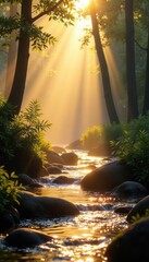 Golden sunlight on creek, magical mist rising , nature photography, reflections