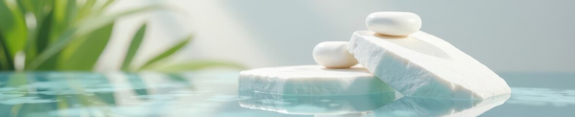 Luxury white stone cosmetic display, floating on water Perfect for product shots , premium, scene