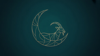 Geometric line art illustration of a goat within a crescent moon shape on a dark teal background