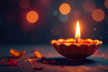 Ornate diya with flickering flame, Diwali bokeh background, Indian culture, colorful, bronze