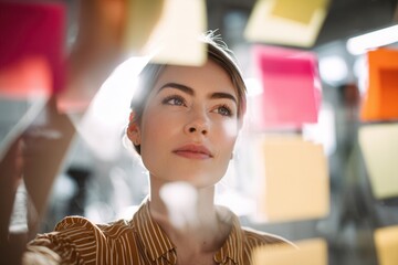 Intelligent woman brainstorming creative solutions with colorful sticky notes on glass, generating innovative ideas for professional growth in modern office space