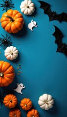 Overhead Halloween flatlay Pumpkins, bats, ghosts, spiders on blue , pumpkins, flatlay
