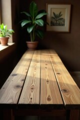 Rustic long wooden table, isolated Ample copy space Brown tabletop , wooden plank, workspace