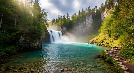 Majestic Waterfall Cascading into Turquoise Pool Surrounded by Lush Greenery.