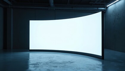 Large curved screen illuminates dark industrial room. Modern panel display stands in ambient setting on concrete floor. Empty illuminated monitor creates backdrop for presentation event in showroom