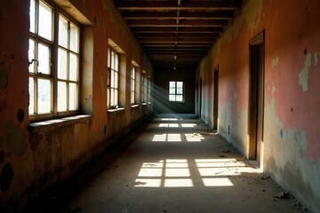 Sun-drenched cellblock, broken bars, faded paint, HDR, desolate, HDR, window