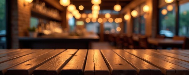 Warm wood planks extend over softly blurred restaurant bokeh , view, blur, perspective