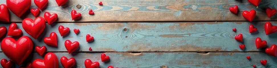 Weathered wood planks, scattered red hearts, rustic Valentine's Day backdrop, wood, rustic